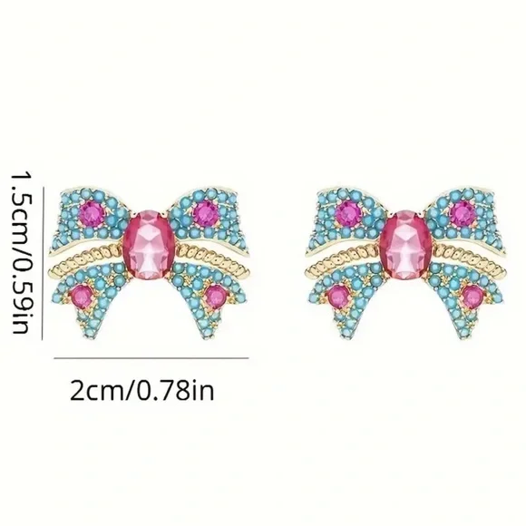 Blue Rhinestone Bow Stud Earrings - Picture 3 of 3